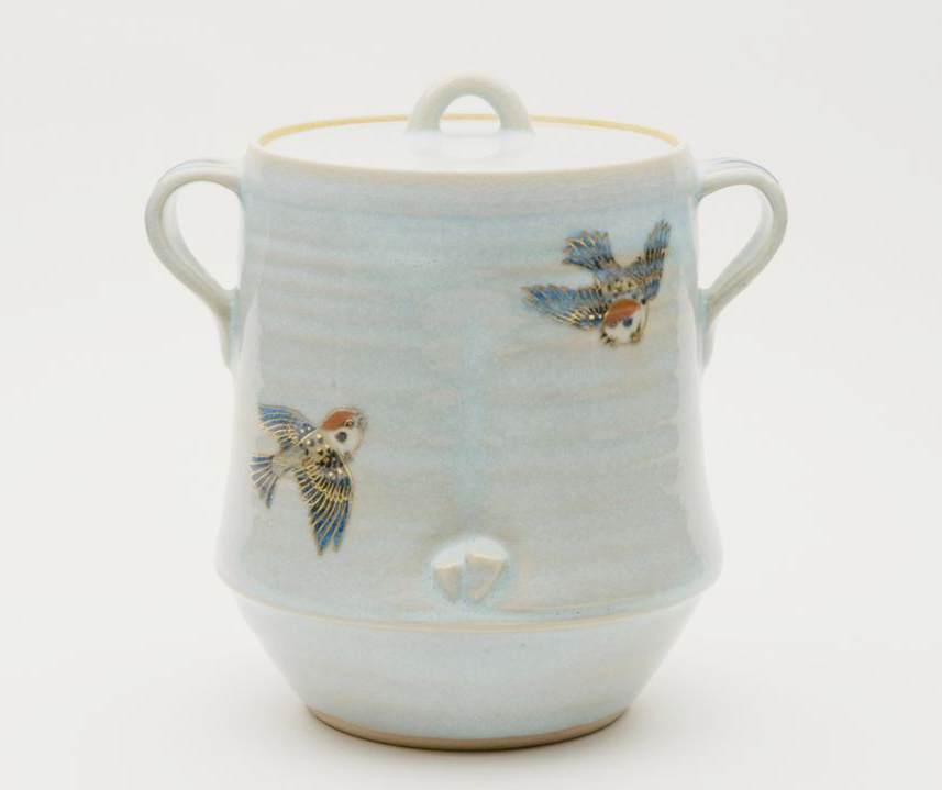 而妙斎好 ワラ灰釉 竹ニ雀ノ絵水指